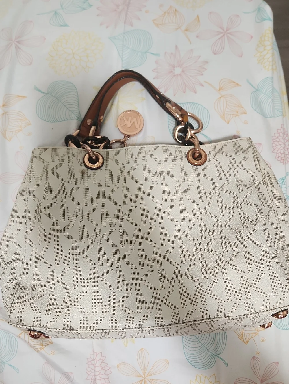 Michael Kors Cream Logo Tote with Brown Handles and Rose Gold Accents - Picture 1 of 9